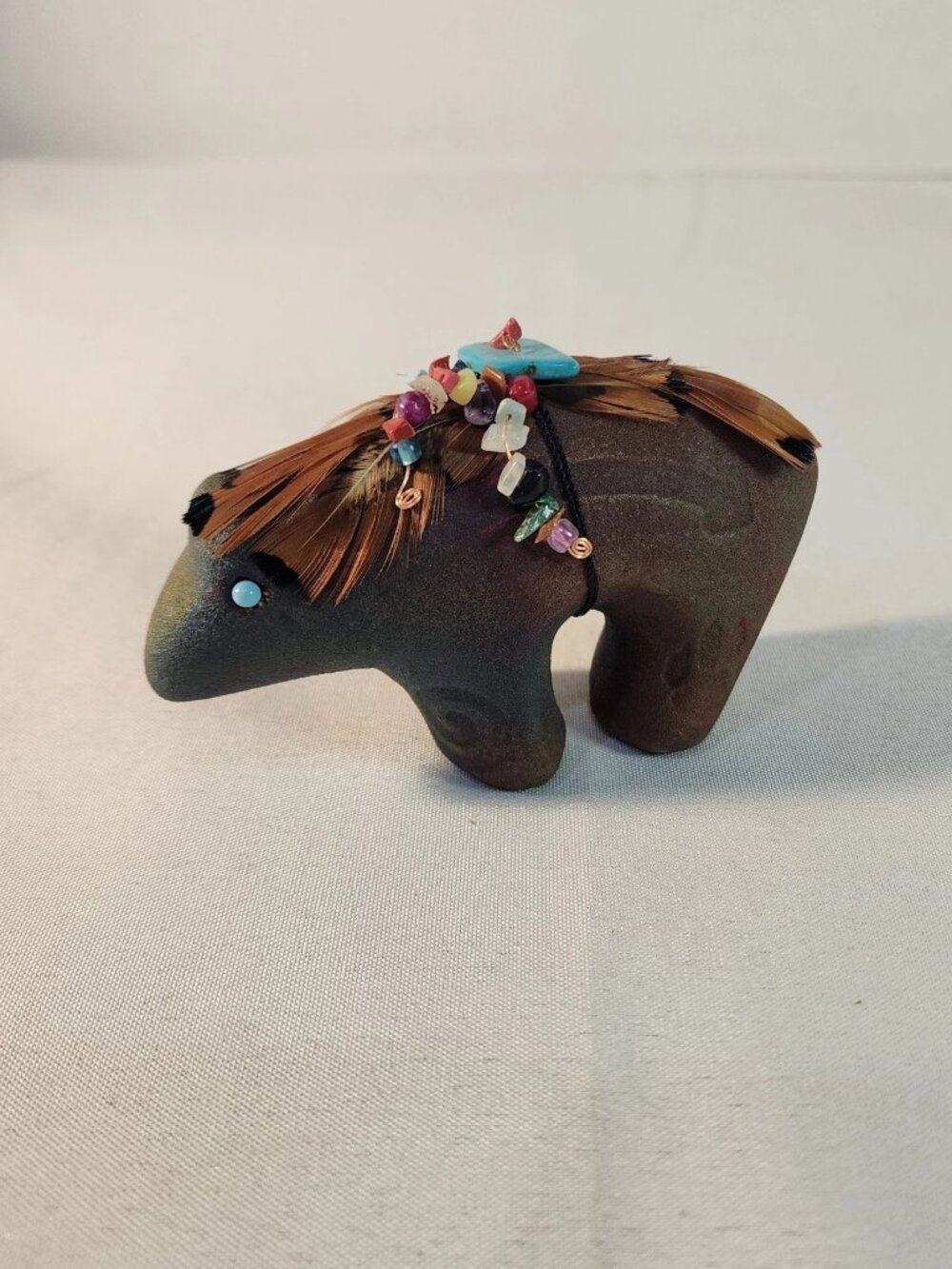 Raku Art Pottery Spirit Bear Fetish Feathers & Beads by Jeremy Diller, Signed